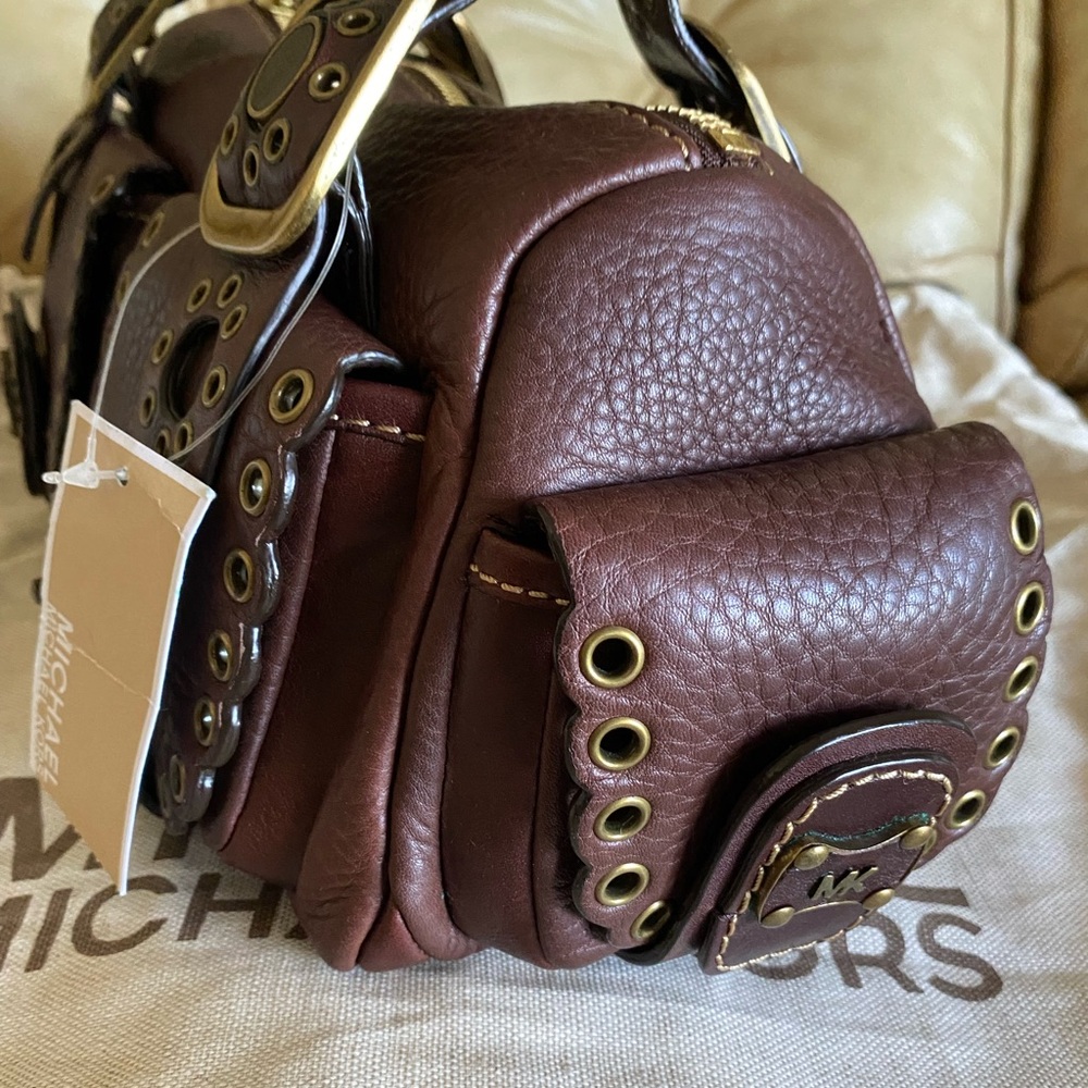 NWT Michael Kors Roadie Satchel Thick Leather Bag Grommets Rivets Brass Pebbled - Picture 5 of 16